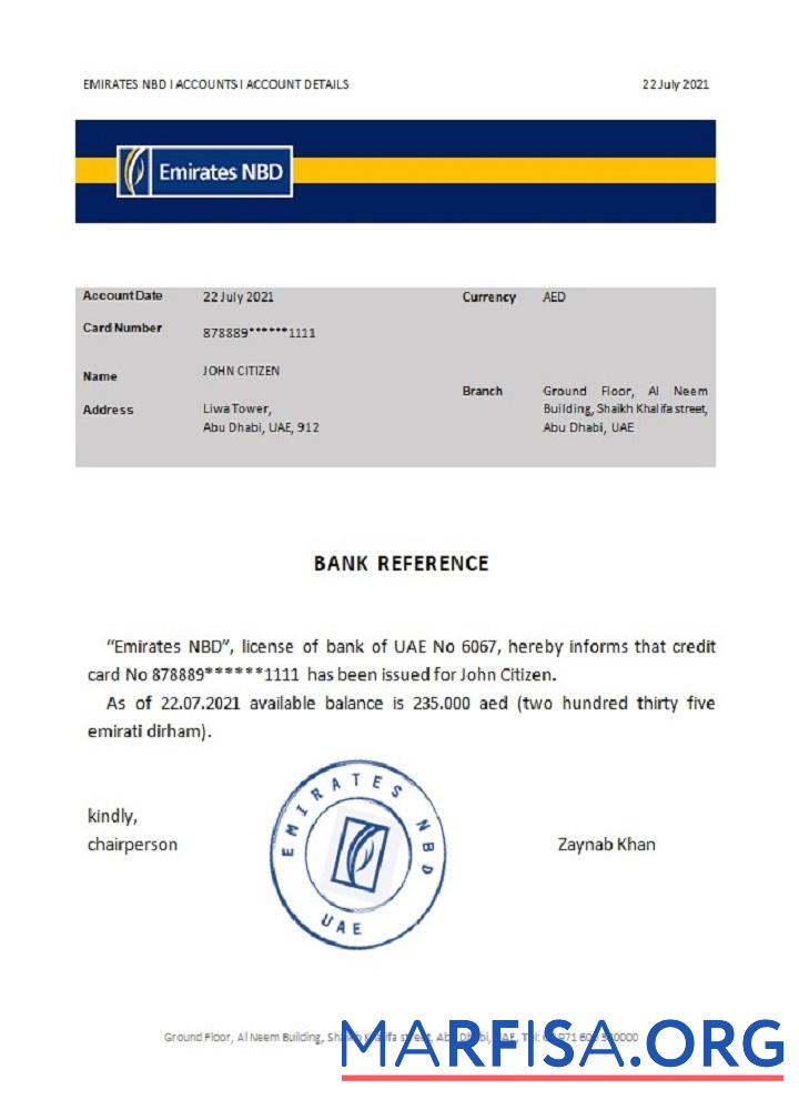 Blank UAE Emirates NBD reference download for verification